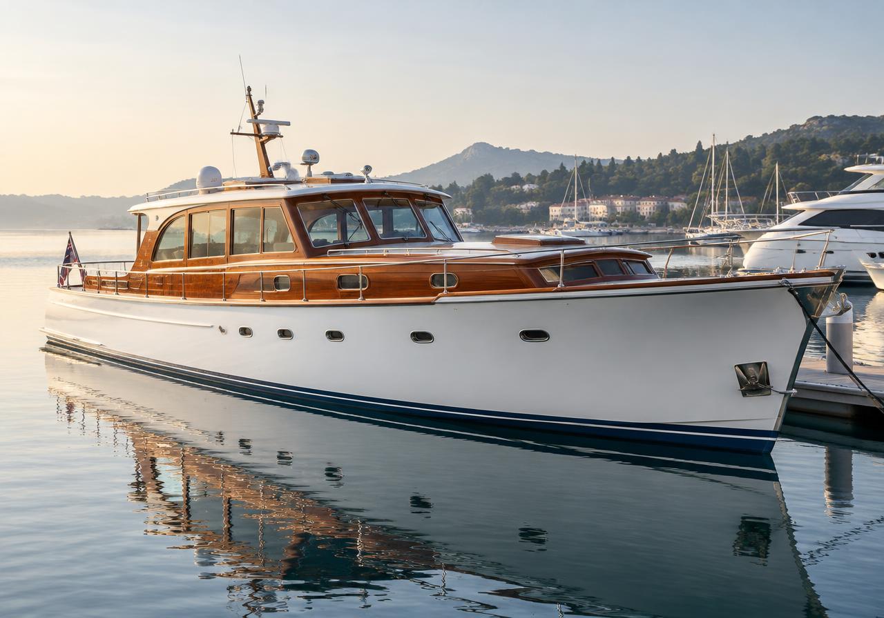 Klassische Motoryacht im Hafen – illustrative Aufnahme