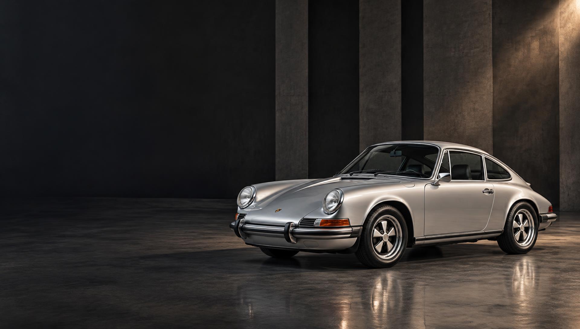 Silberner klassischer Porsche 911 in einem architektonischen Atelier – illustrative Fahrzeugaufnahme